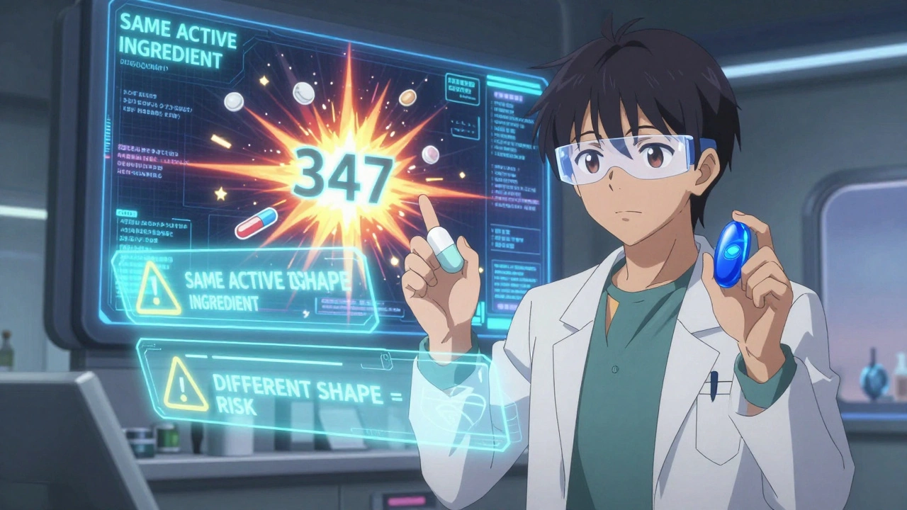 Pharmacien tenant deux pilules identiques avec des avertissements holographiques sur les erreurs de confusion.