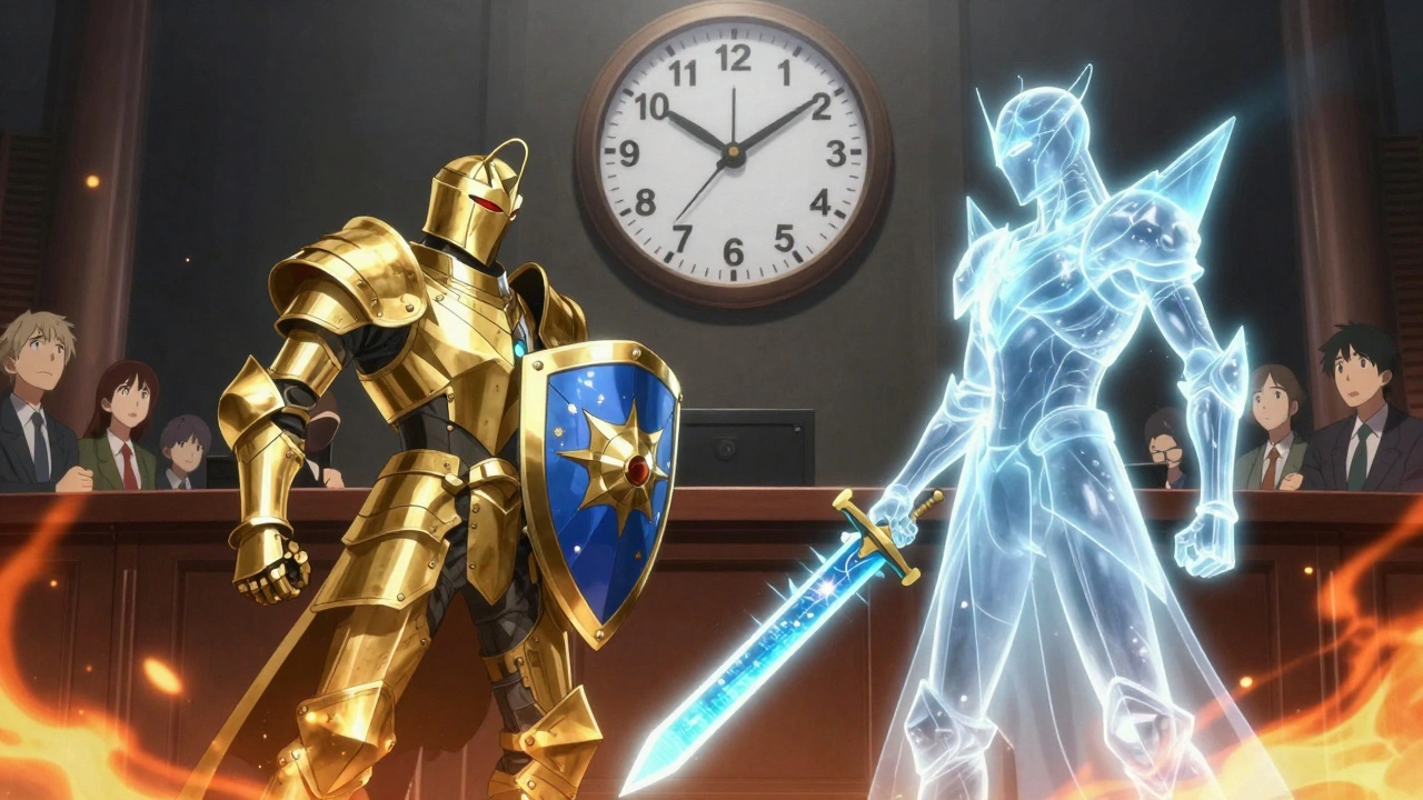 Un duel spectral entre un médicament biologique et un biosimilaire, entouré d'une horloge numérique réduisant les délais d'approbation.