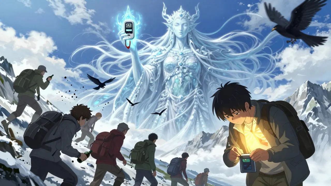 Un esprit de montagne tient un oxymètre lumineux tandis que des voyageurs rejettent leurs sédatifs sous un ciel étoilé.