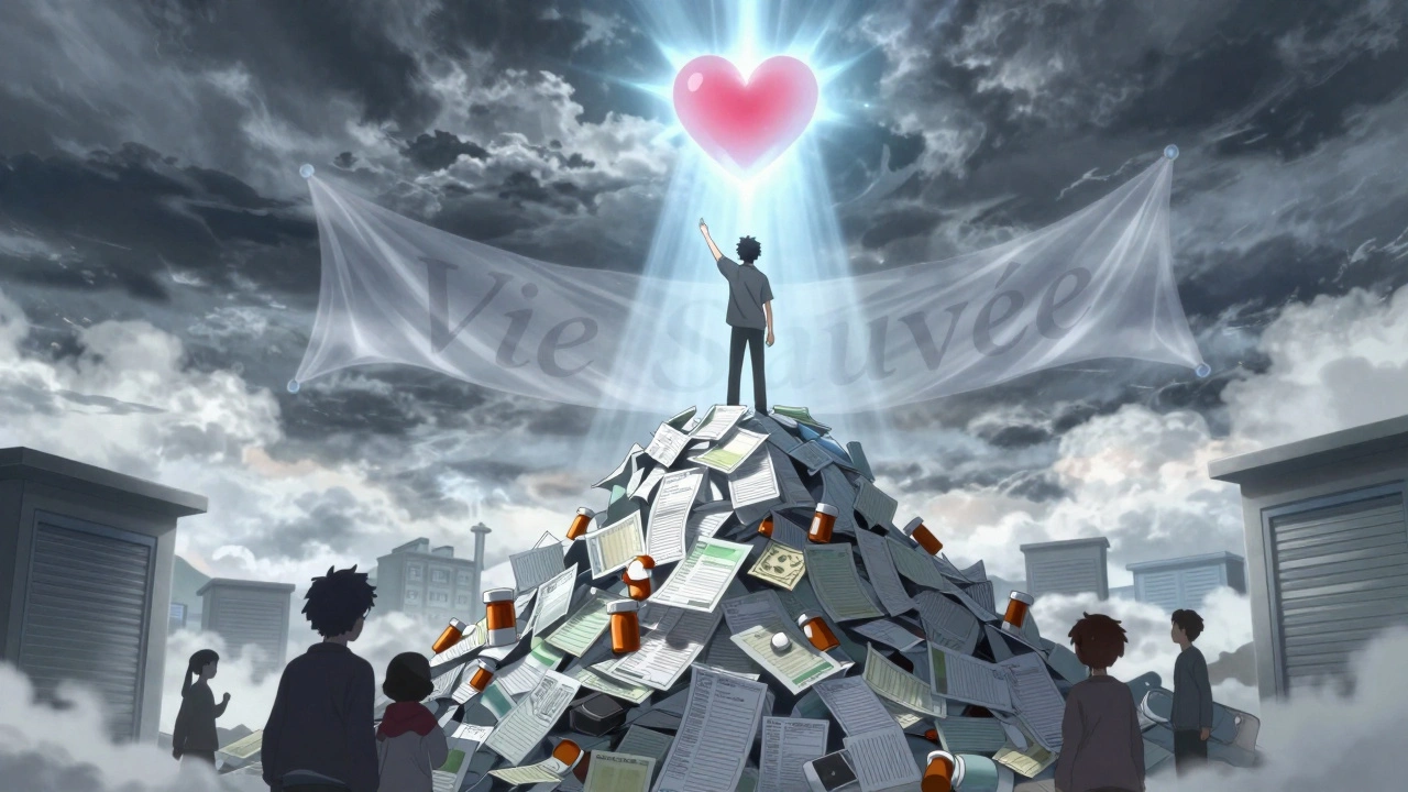 Un patient grimpe une montagne de factures médicales vers un portail en forme de cœur, la lumière de l'espoir l'illuminant malgré les ombres.