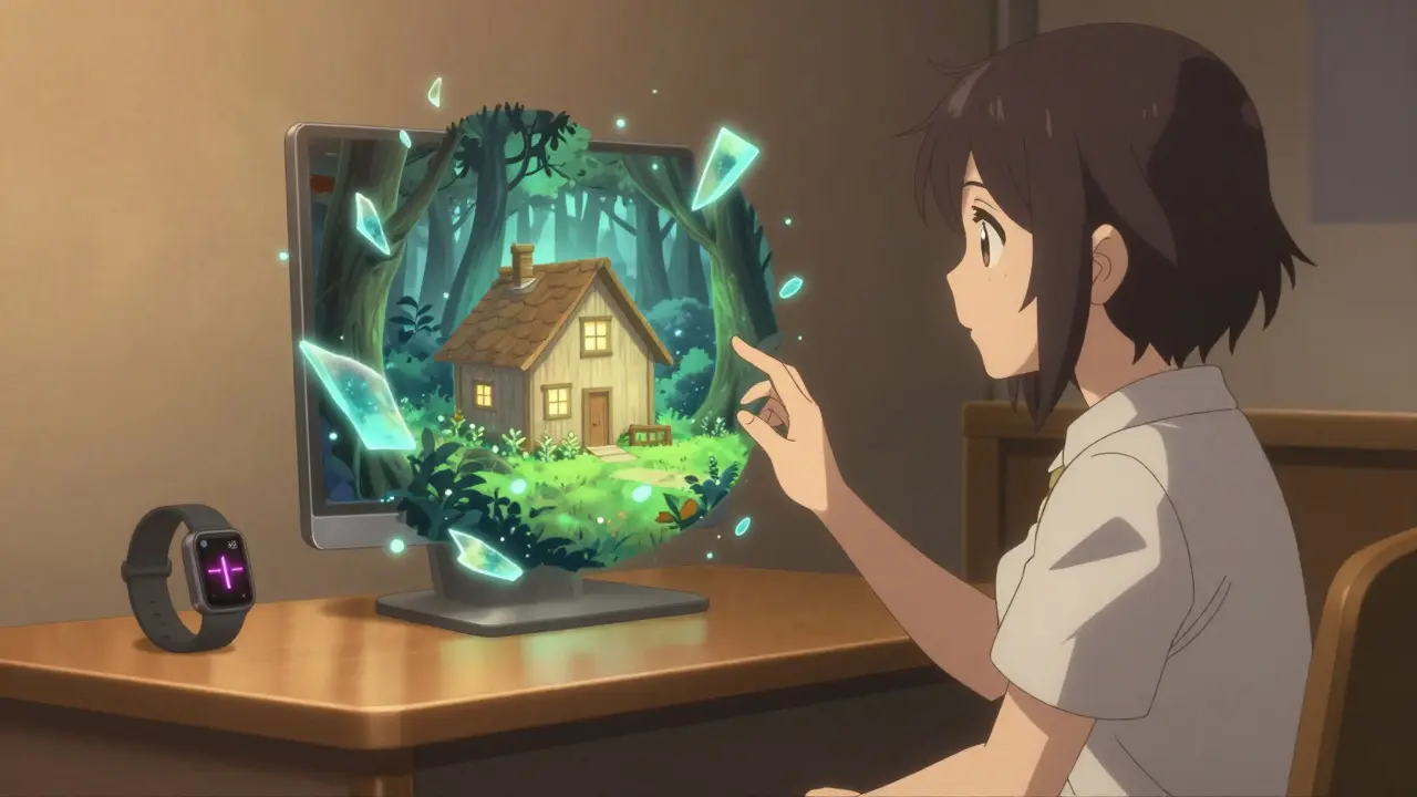 Un patient réécrit son cauchemar en une scène paisible, avec des fragments lumineux flottant dans l'air et une montre qui vibre doucement.