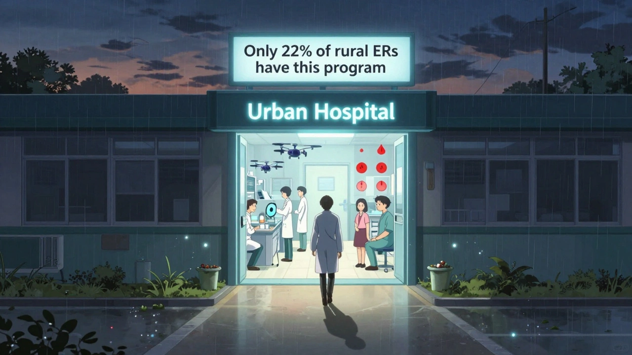 Un pharmacien se dirige vers un portail lumineux vers un hôpital urbain, tandis qu'un hôpital rural reste sombre.