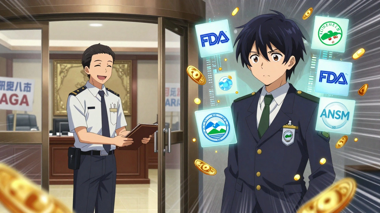 Un régulateur passe d&#039;un uniforme public à une tenue d&#039;entreprise, entouré de logos et de symboles d&#039;influence.