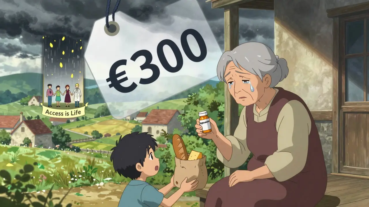 Une femme âgée dans un village français hésitant entre acheter des médicaments ou de la nourriture, sous un nuage de prix exorbitant.