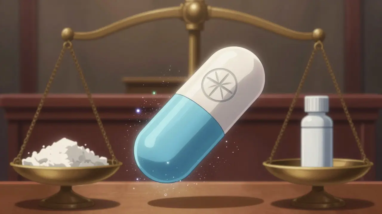 Une pilule change de couleur en plein air, ses ingrédients inactifs restent inchangés, tandis que des balances juridiques flottent en arrière-plan.