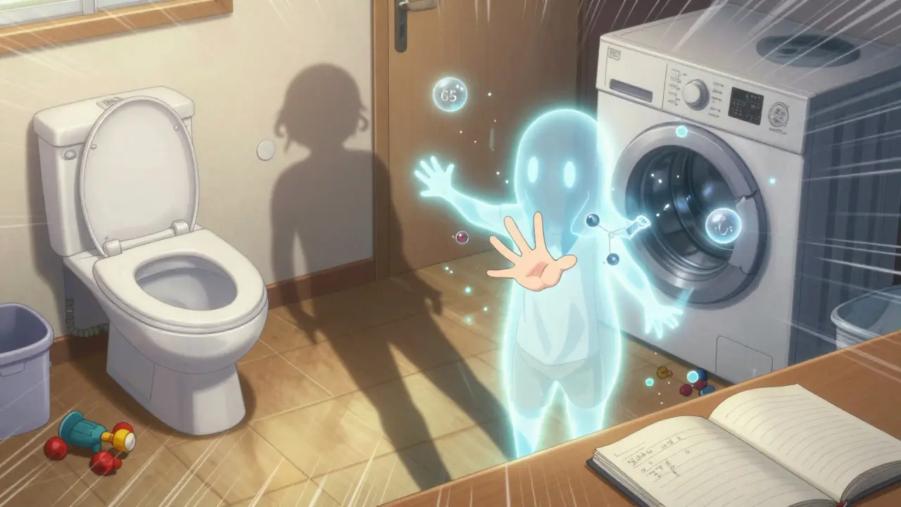 Aura bleue protège une famille pendant les 48 heures après la prise de chimiothérapie, les objets du patient isolés par une barrière invisible.