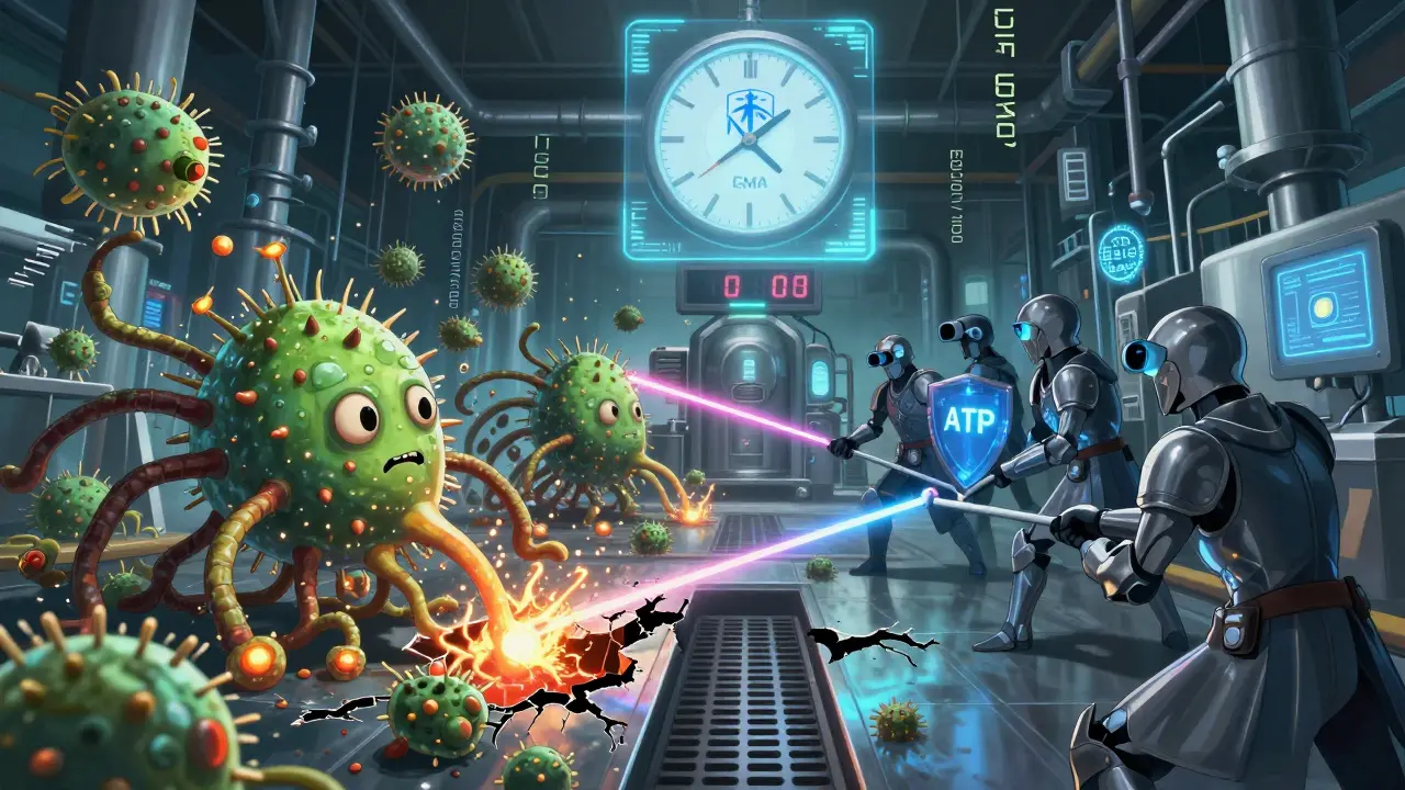 Bactéries monstres attaquant une usine alimentaire, combattues par des chevaliers bio équipés de technologies futuristes.