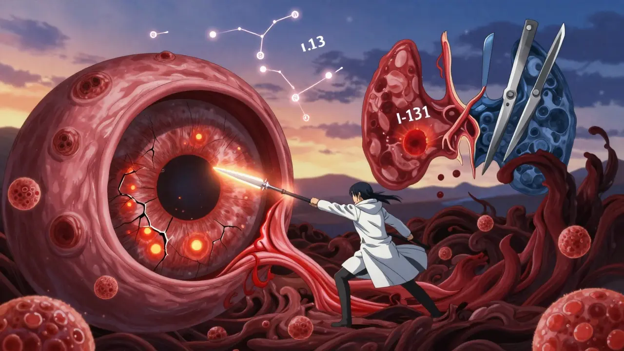 Bataille dans l'œil avec nerf optique menacé, guerrier Teprotumumab attaquant des cellules inflammatoires, style anime isekai.