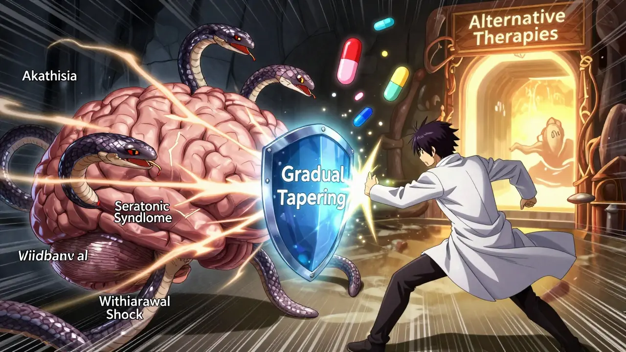 Bataille dans le cerveau contre des monstres symbolisant les effets secondaires graves des ISRS.