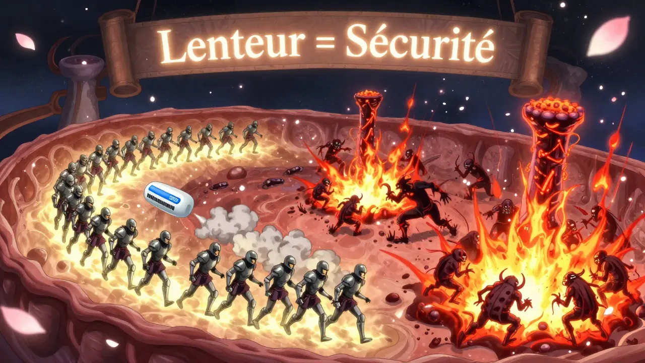 Bataille dans le corps humain entre molécules de vancomycine disciplinées et démons d'histamine, dans un style anime isekai.