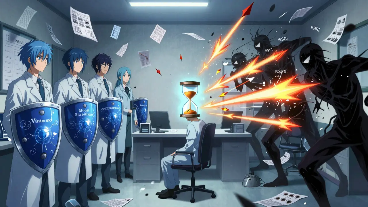 Bataille dans un cabinet médical entre traitements sûrs et antidépresseurs dangereux, représentés comme des guerriers.