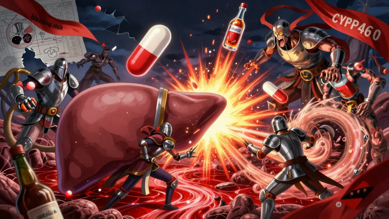 Bataille fantastique dans un foie humain entre des pilules et des esprits d'alcool, en style anime isekai.