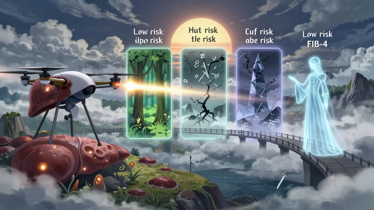 Bataille symbolique entre FibroScan et FIB-4 dans un paysage hépatique fantastique.