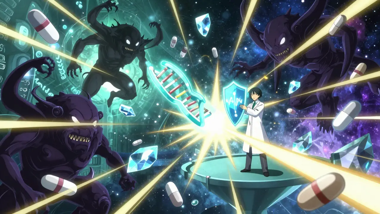 Bataille symbolique entre molécules toxiques et agents thérapeutiques guidés par l'IA dans un monde fantastique.