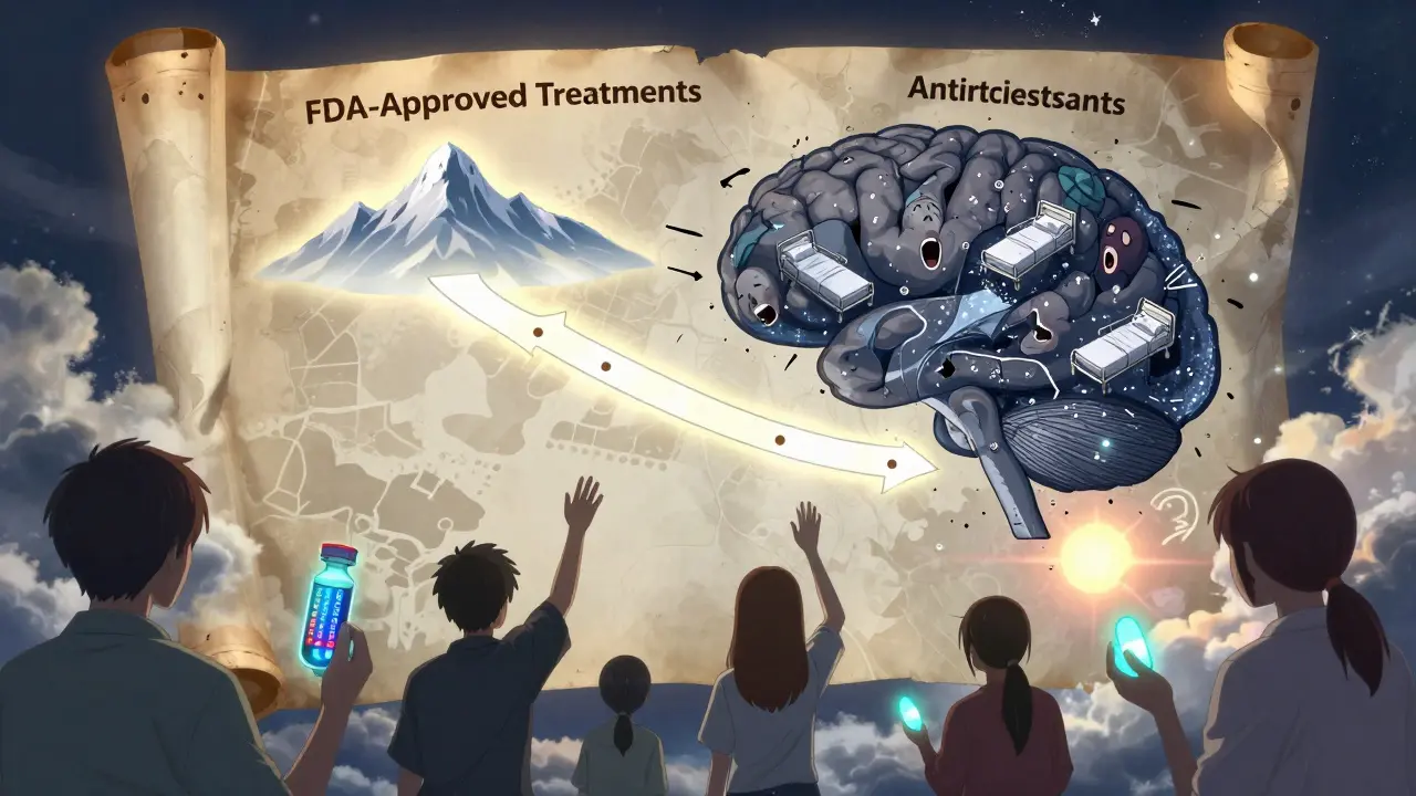 Carte céleste du cerveau montrant les voies de traitement sûres versus dangereuses pour le trouble bipolaire.