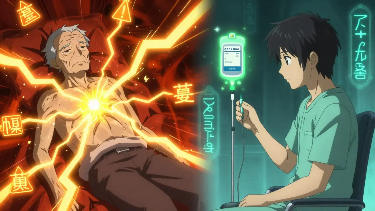 Comparaison visuelle : patient en crise cardiaque à gauche, patient en sécurité à droite avec lumière verte.