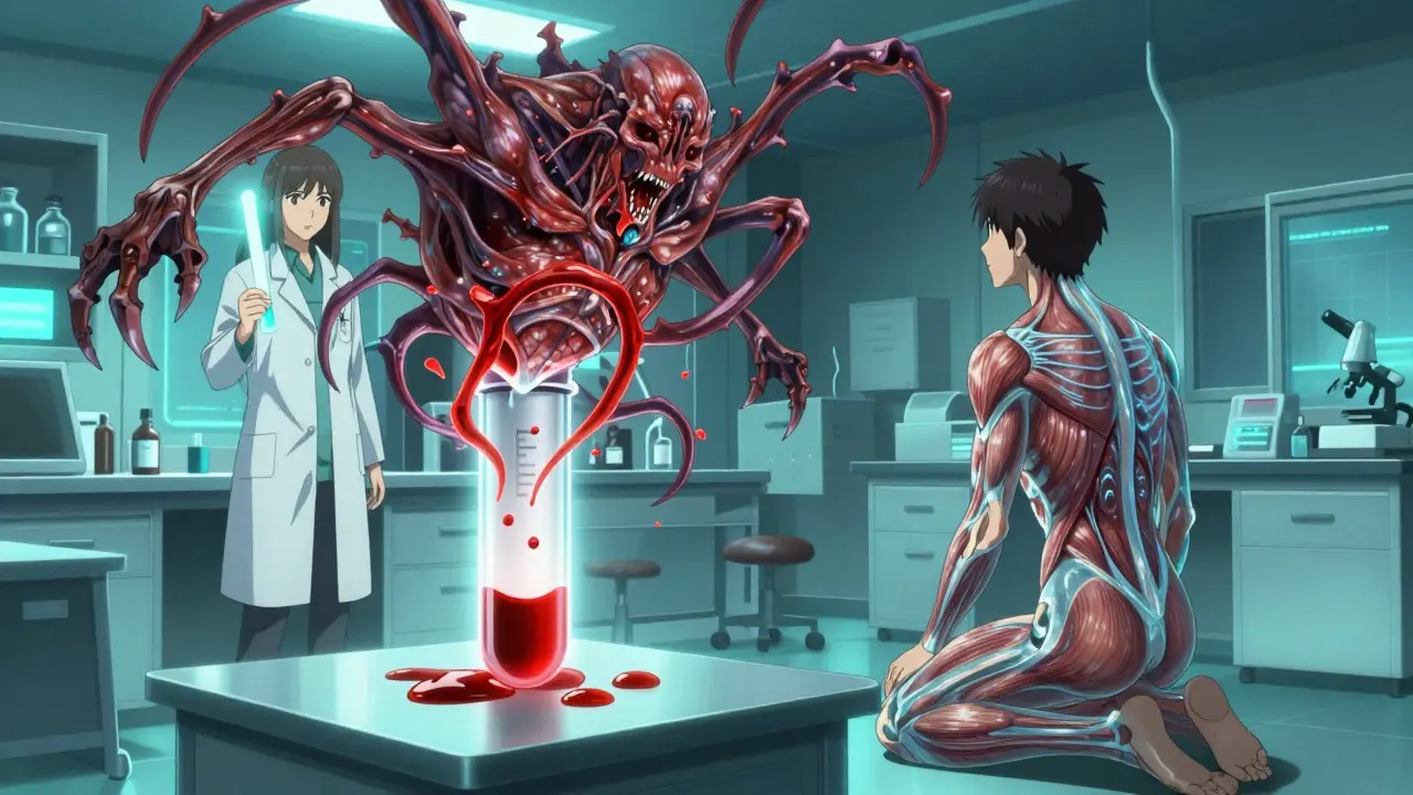 Échantillon sanguin magique attaqué par des anticorps géants, révélant une myopathie auto-immune dans un laboratoire fantastique.