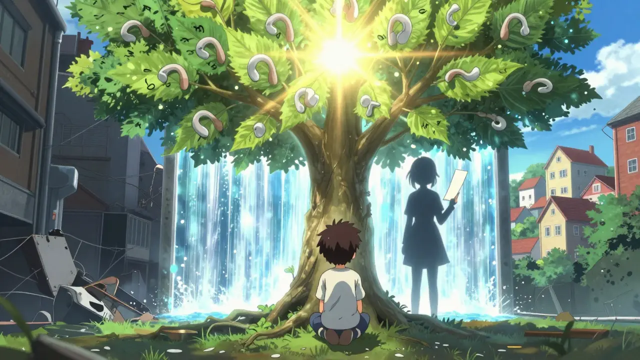 Enfant avec implant cochléaire sous un arbre magique dont les feuilles sont des aides auditives.