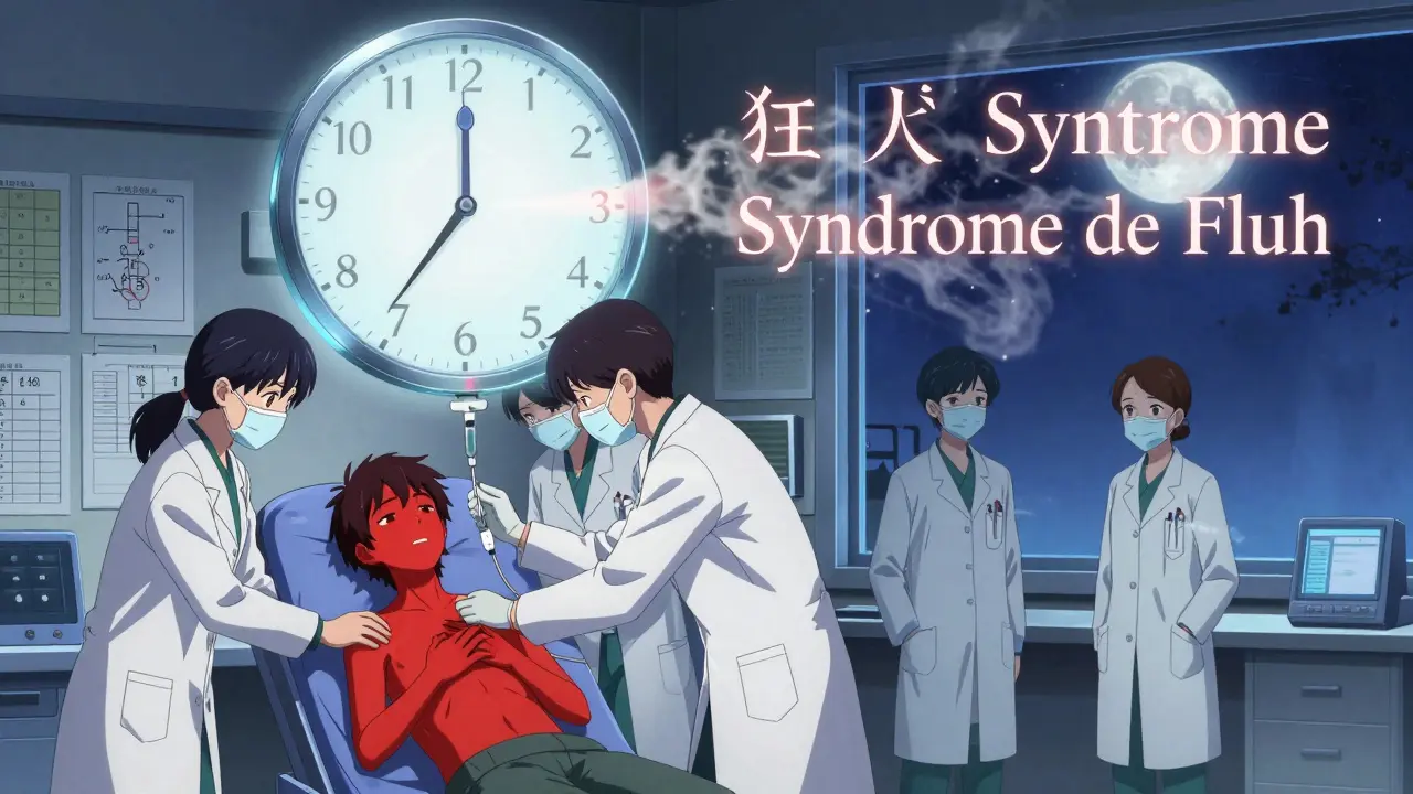 Équipe médicale arrêtant une infusion tandis que le terme 'Red Man Syndrome' se désintègre en cendres, patient aux joues rouges.