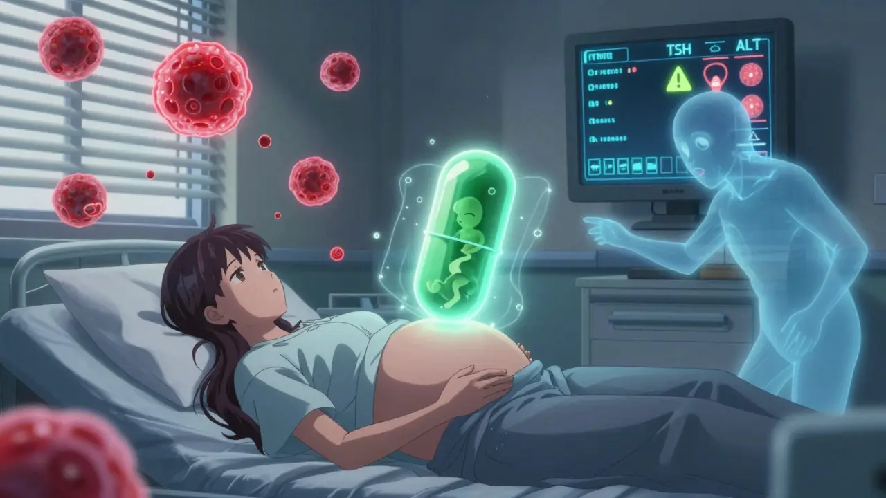 Femme enceinte dans un hôpital, pilule PTU flottante protégeant le fœtus, cellules du foie en combat, éclairage lunaire doux.