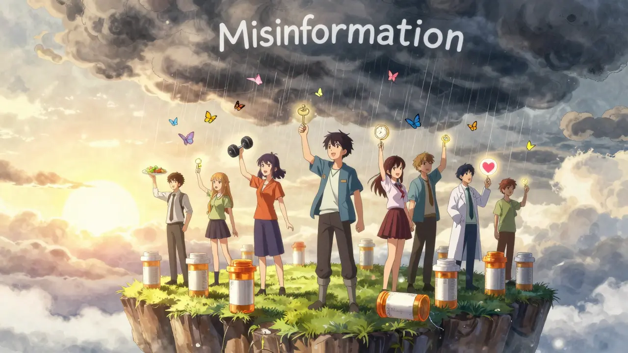 Groupe de personnes sur une île de bouteilles de médicaments, tenant des clés pour gérer les effets secondaires.