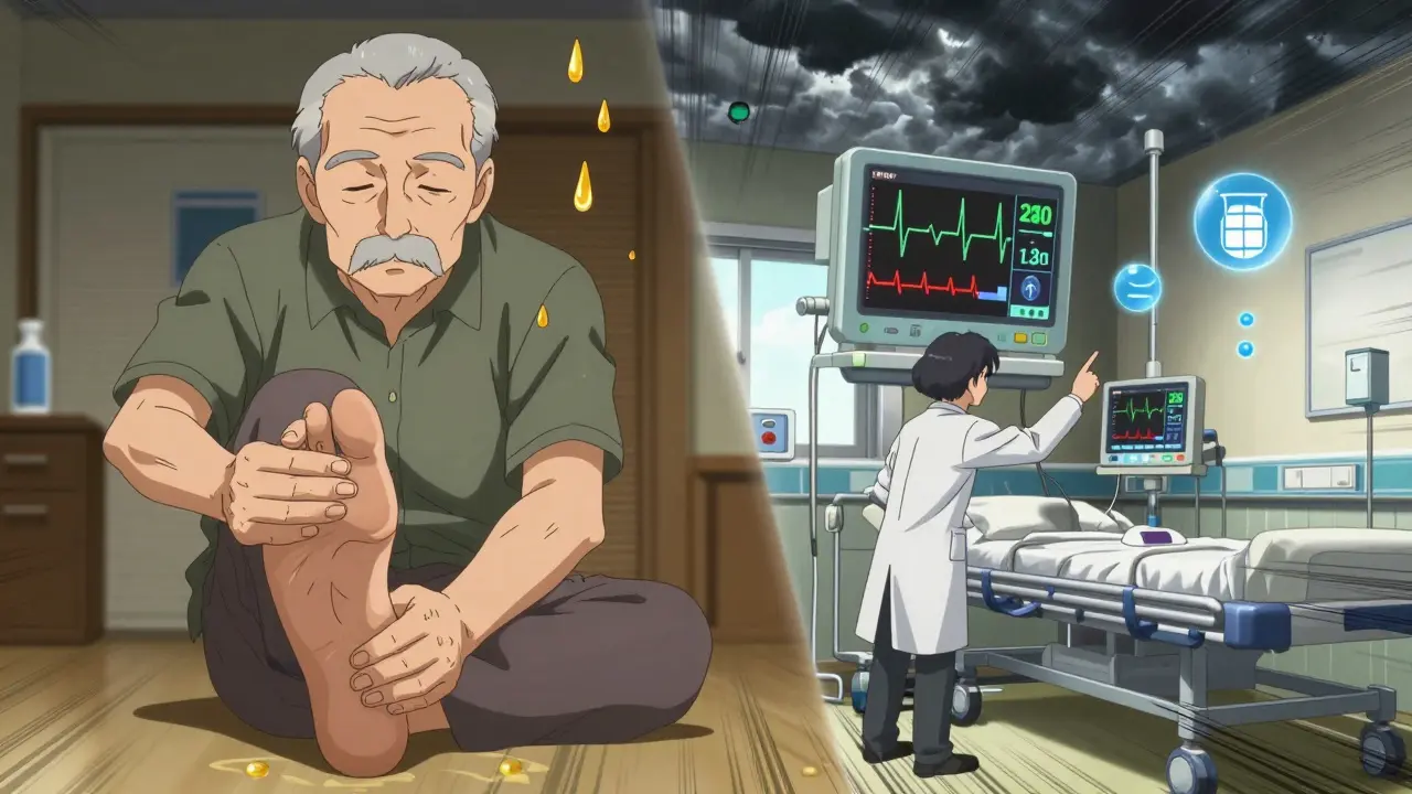 Homme âgé pressant sa jambe, laissant une empreinte, tandis qu'une urgence médicale se déroule à l'arrière-plan.