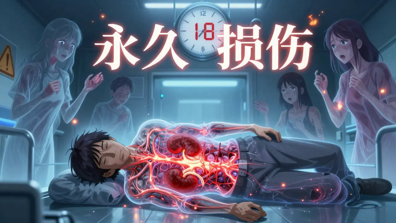 Homme effondré avec des reins et nerfs brillants en surcharge, entouré de fantômes de patients souffrant de dommages permanents.