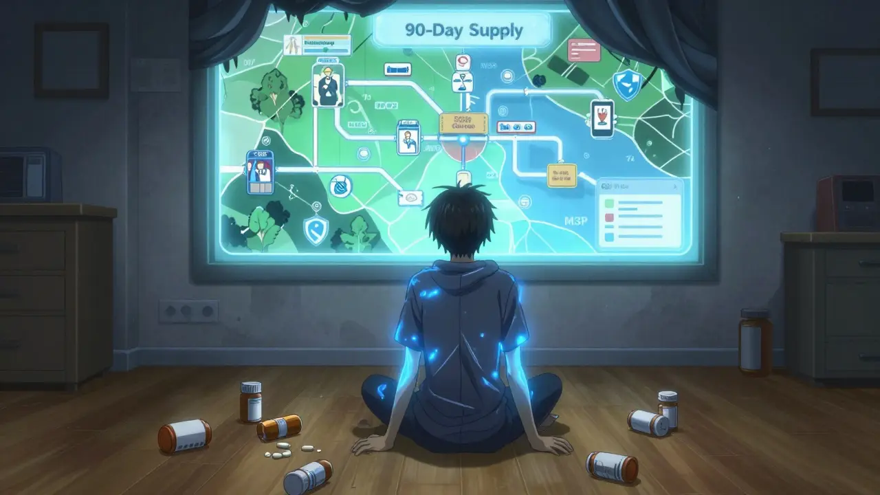 Homme sur le sol, des bouteilles de médicaments vides, des portails d'aide médicale brillent au-dessus de lui.