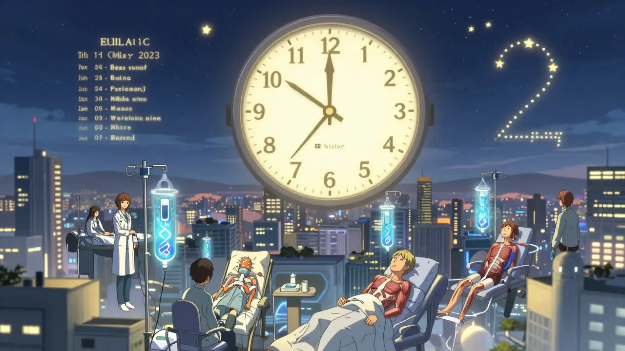 Hôpital flottant avec traitements magiques et horloge inversée symbolisant le diagnostic précoce.