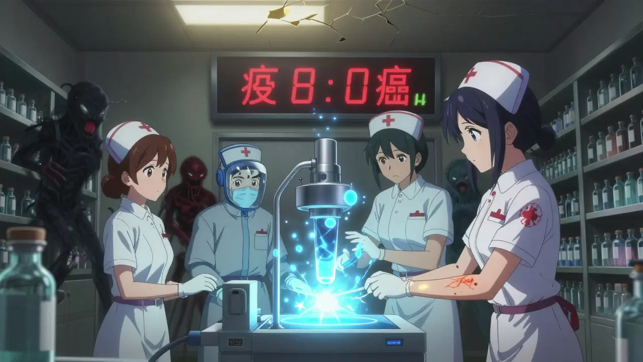 Infirmières utilisant un dispositif de transfert sécurisé, des entités toxiques émergent des flacons, une éruption cutanée lumineuse sur le bras.