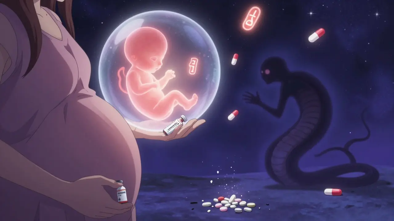 Main tenant l'enoxaparine tandis que la warfarine s'évanouit, avec un fœtus protégé dans une bulle lumineuse.