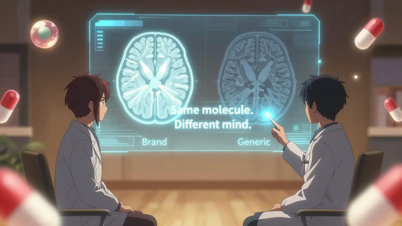 Médecin et patient regardant des scanners cérébraux flottants, l'un brillant, l'autre faible, entourés de comprimés en forme d'orbes énergétiques.