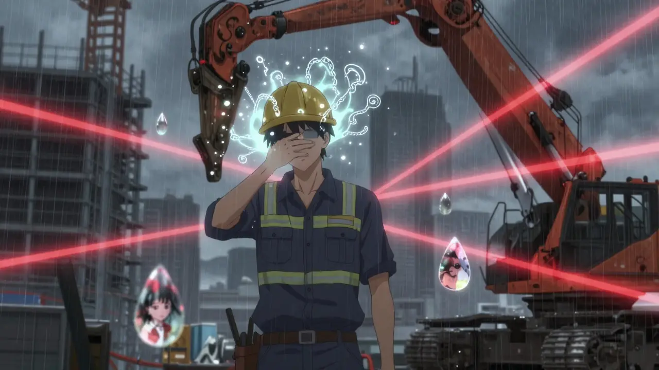 Opérateur de grue en état de somnolence, entouré d'auras de médicaments et d'une machine dangereuse en mouvement.