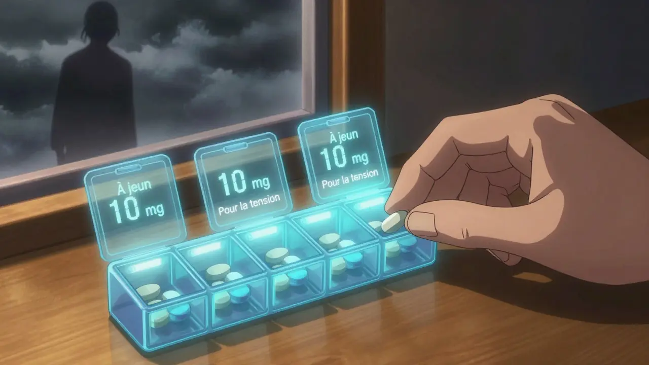 Organisateur de pilules high-tech avec rappels holographiques et éclairage néon.