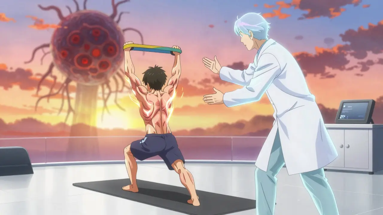 Patient en rééducation physique dans un cadre flottant, guidé par une silhouette mentorale.