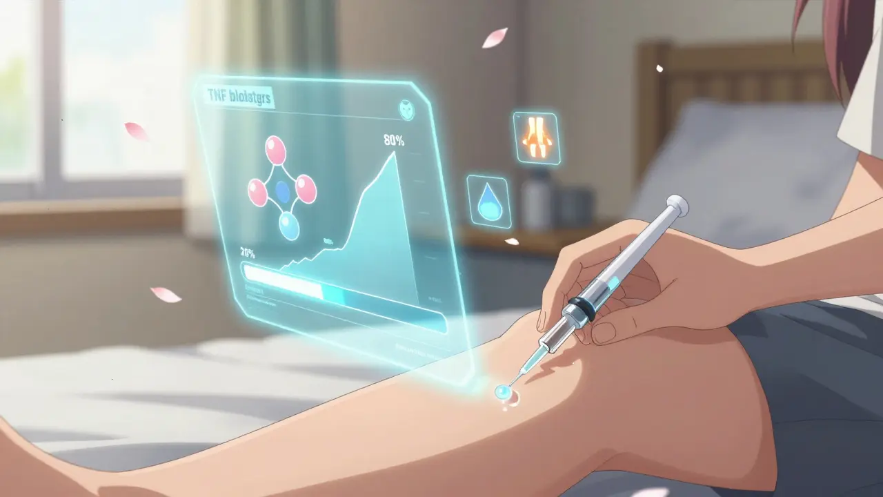 Patient s'injectant un traitement biologique, avec une interface holographique montrant l'amélioration de son état.