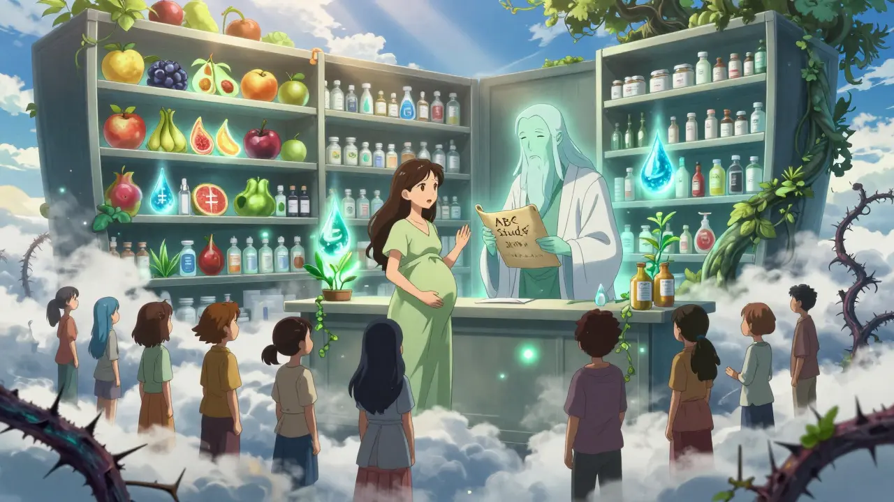 Pharmacie flottante dans les nuages avec des remèdes naturels lumineux et une sage conseillant des femmes enceintes.
