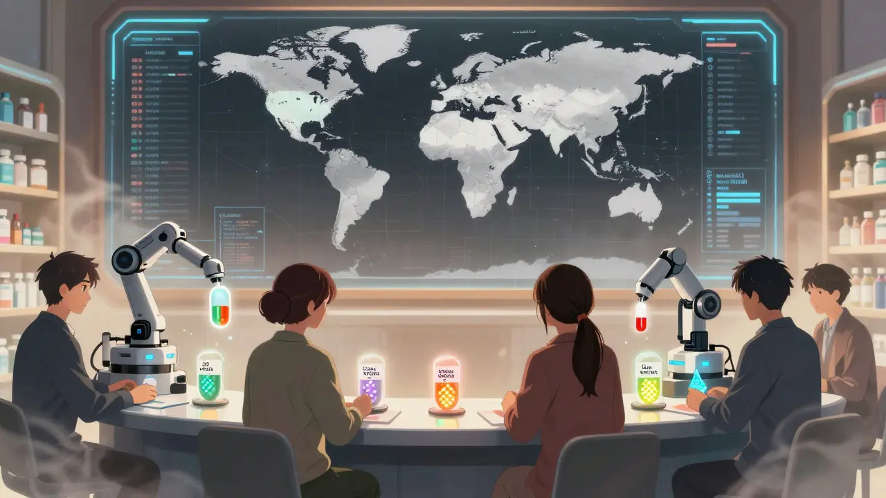 Pharmacie futuriste distribuant des médicaments personnalisés selon le profil génétique des clients.