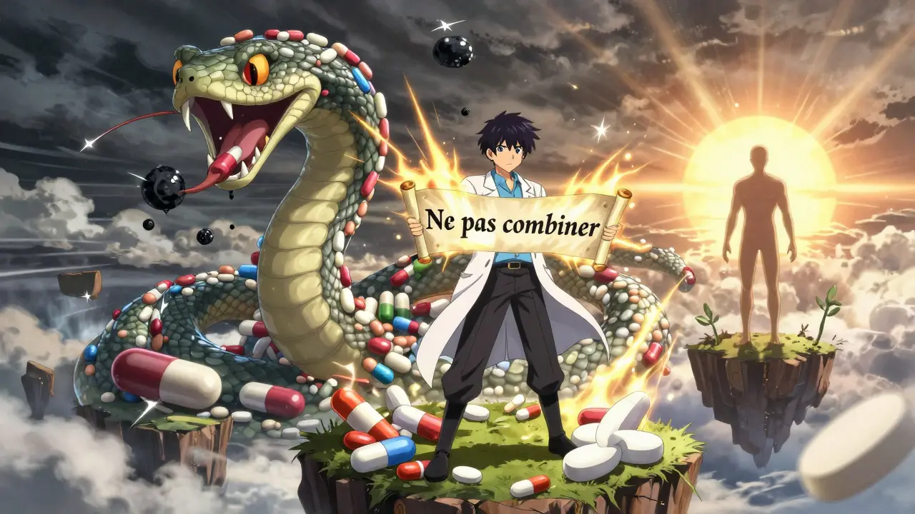 Pharmacien héroïque défendant des alternatives sûres contre un serpent géant composé d'antibiotiques et d'AINS toxiques.