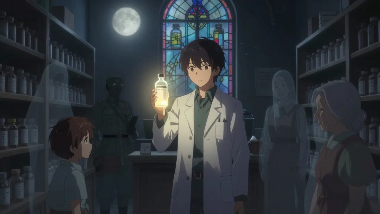 Pharmacien seul dans une pharmacie vide, tenant une seule perfusion qui brille comme un dernier espoir.