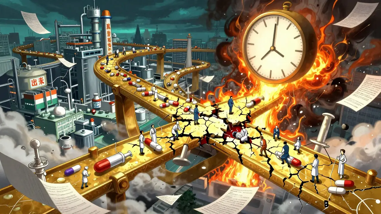 Pont mondial des médicaments qui s’effondre, traversant la Chine et l’Inde, sous une tempête de pénuries.