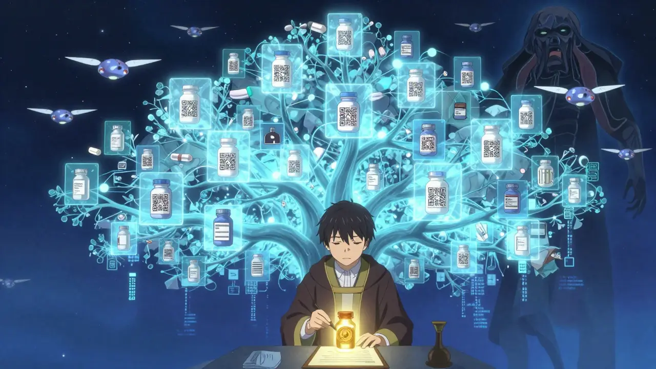 Réseau blockchain en forme d'arbre lumineux vérifiant l'authenticité des médicaments, avec un expert signant un sceau doré.