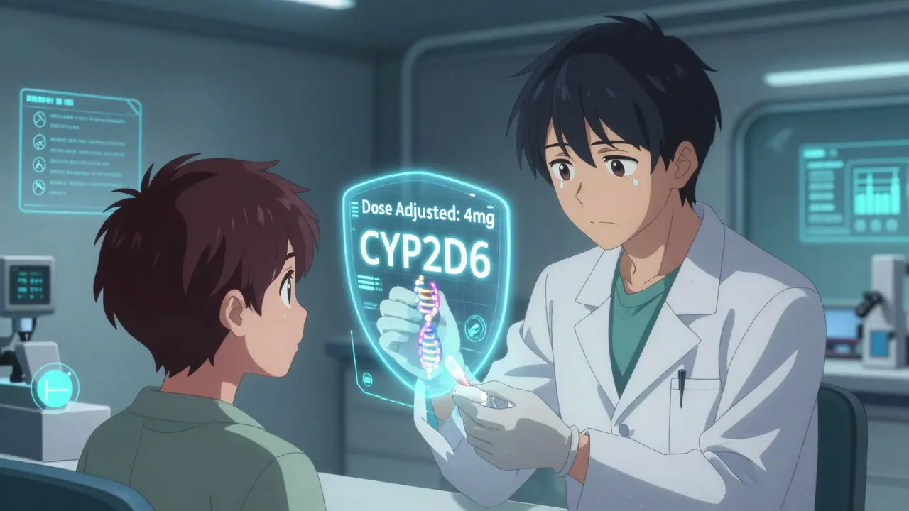 Scientifique effectuant un test génétique révélant un gène CYP2D6 déficient et une dose ajustée affichée.