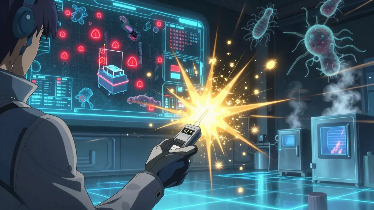 Technicien utilisant un swab ATP qui libère des particules de données dorées, avec une carte microbienne en arrière-plan.