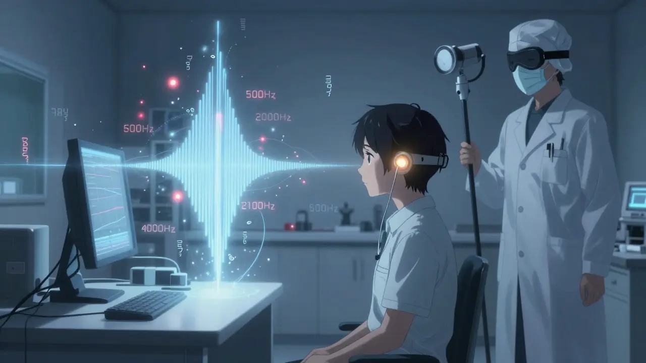 Un employé passant un test auditif avec des seuils auditifs affichés comme une auréole lumineuse.