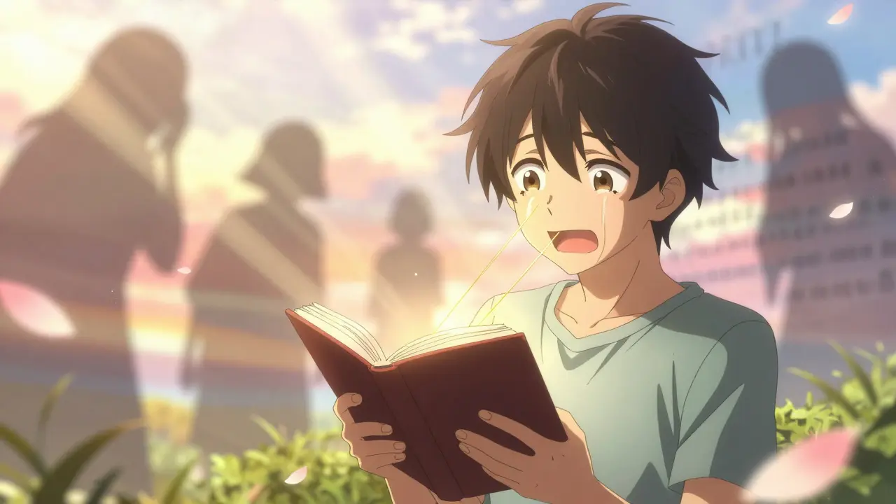 Un garçon lit avec joie, des fils dorés reliant ses yeux au livre, symbolisant une vision binoculaire rétablie.