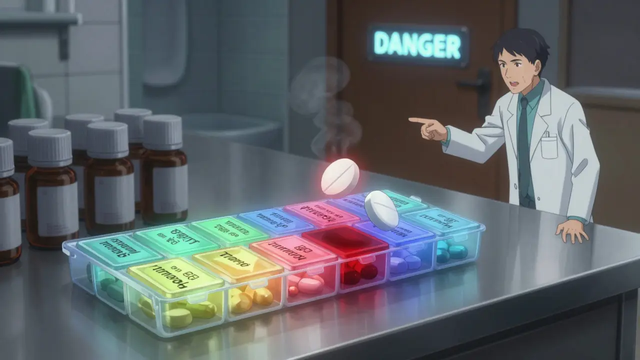 Un organisateur de pilules émet une aura rouge dangereuse, tandis qu'un pharmacien fantôme pointe vers les flacons d'origine.