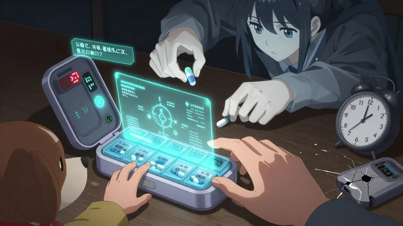 Un organisateur électronique avec alertes holographiques, mais une main enfantine approche, un chien sniff, et un organisateur cassé est jeté au sol.