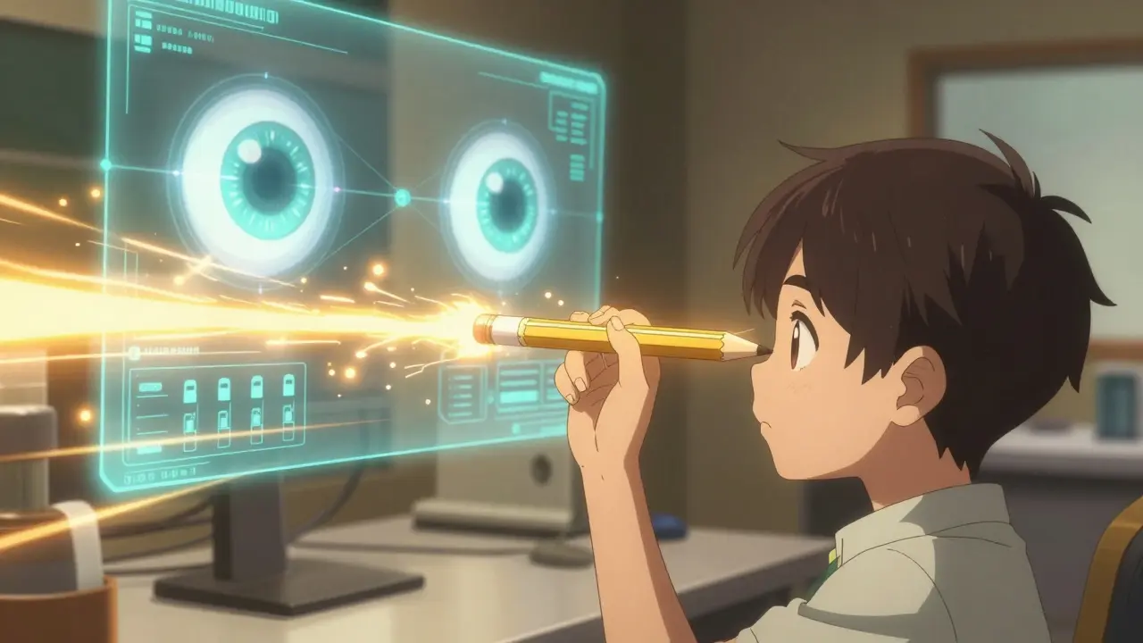 Un thérapeute guide un enfant dans un exercice de convergence avec un stylo lumineux dans un cabinet high-tech.