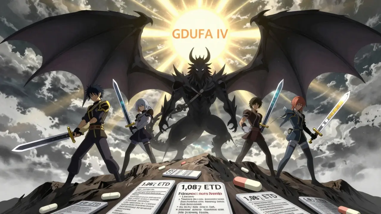 Une bataille épique entre un dragon des brevets et des héros portant des modules eCTD, sur une montagne de comprimés approuvés.